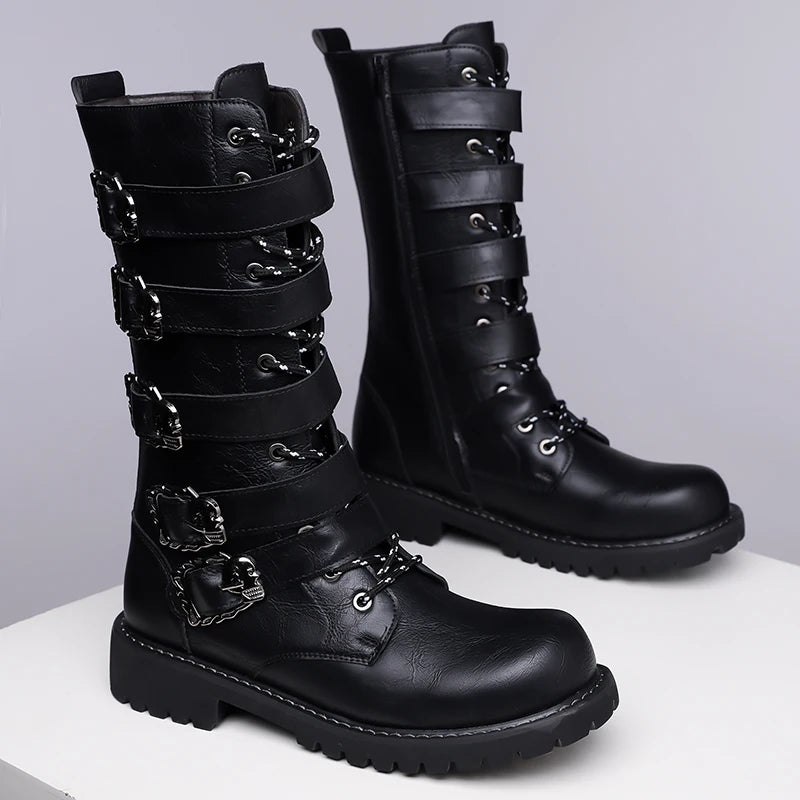 Winter Men Fashionable Boots with Belt Buckle Decoration Side Zipper Anti Slip Personalized Youth Knight Boots