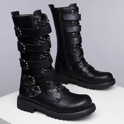 Winter Men Fashionable Boots with Belt Buckle Decoration Side Zipper Anti Slip Personalized Youth Knight Boots