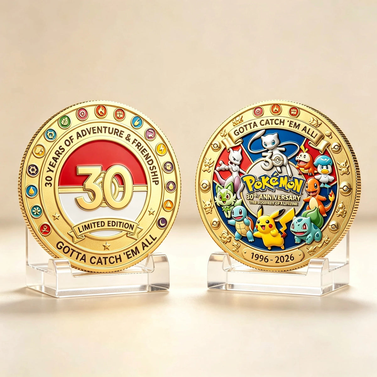 Pokemon 30th Anniversary Commemorative Coin Pikachu Gengar Mewtwo Anime Toys for Kids Gift Collection Display Decoration