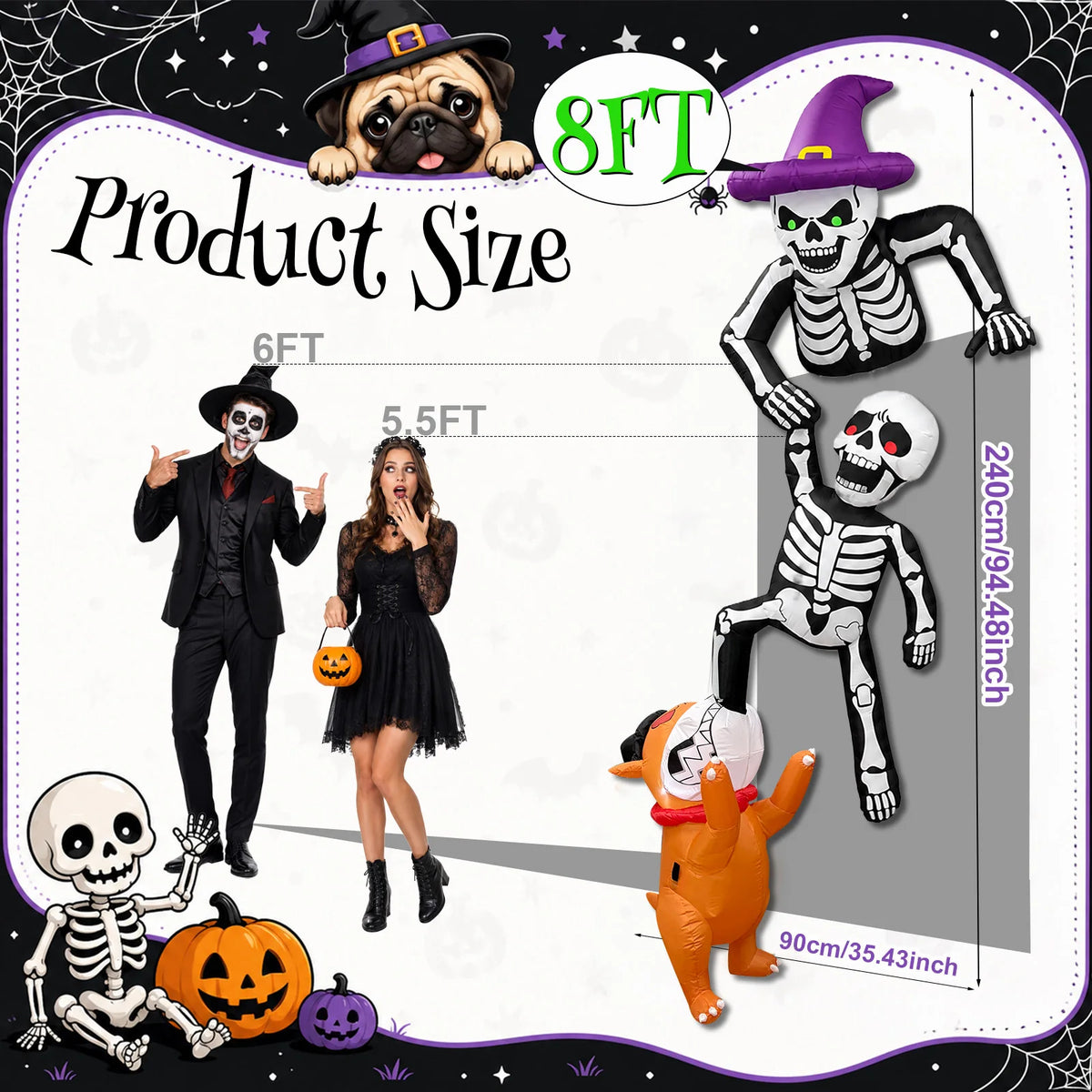 8FT Outdoor Inflatable Halloween Decoration Skeleton with Dog Biting Climbing Design for Patios Rooftops And Parties