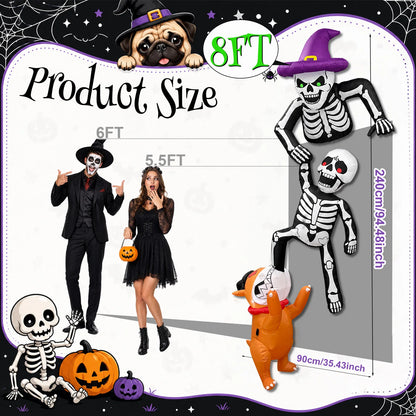 8FT Outdoor Inflatable Halloween Decoration Skeleton with Dog Biting Climbing Design for Patios Rooftops And Parties
