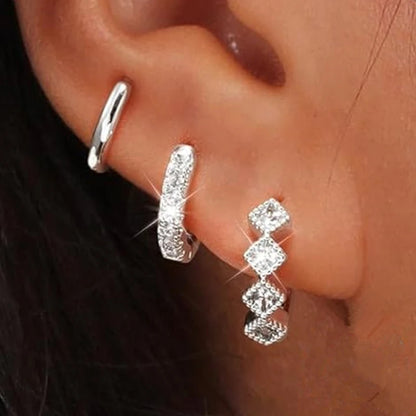 3PCS Stainless Steel Gold Color Circle Hoop Earrings Set for Women Simple Zircon Flower Stud Earring Cartilage Piercing Jewelry