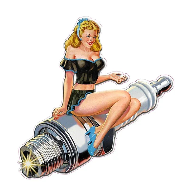 Classic Spark Plug Pin Up Girl Cartoon Decal Self-adhesive Hot Rod Car Sticker Auto Motorcycle Biker Decoration 13cm x 12.5cm