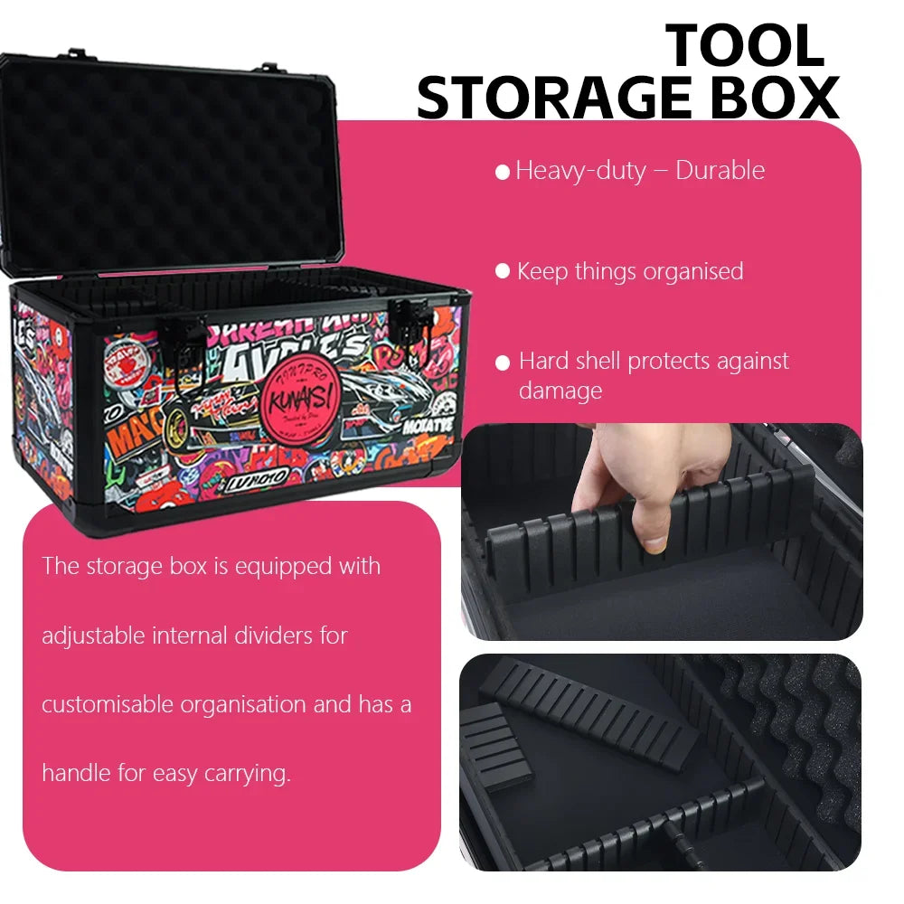 Graffiti Large Aluminum Alloy Toolbox - Durable Multi-Functional Double Layer Adjustable Size Storage Box 43x23x24.5 Cm
