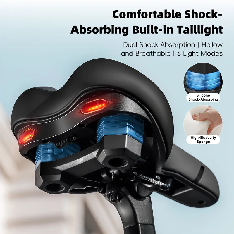 Bike Saddle with LED Taillight 6 Lighting Modes Memory Foam Padding TYPE-C Charging Weatherproof for Night Cycling Safety