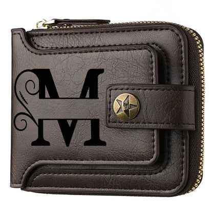Personalized  PU Leather Chain Short Wallet For Man, Engraved Name&Text Bifold Stylish Brown Wallet For Man Valentines Birthday