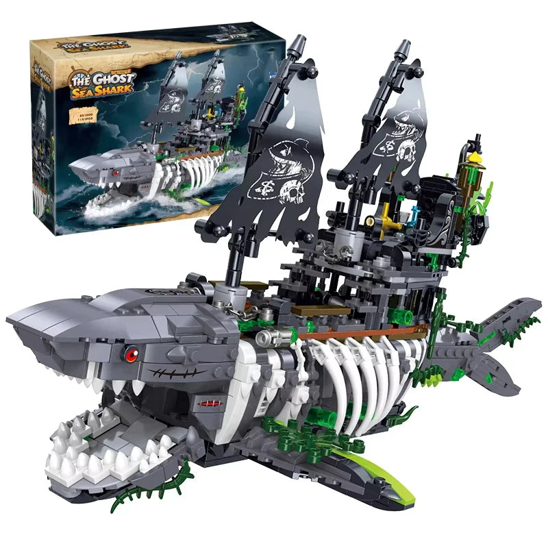 1155PCS Shark Ghost Pirate Ship Building Blocks Fantasy Sea Monster Ship Model Bricks With Light Educational DIY Toy For Adults