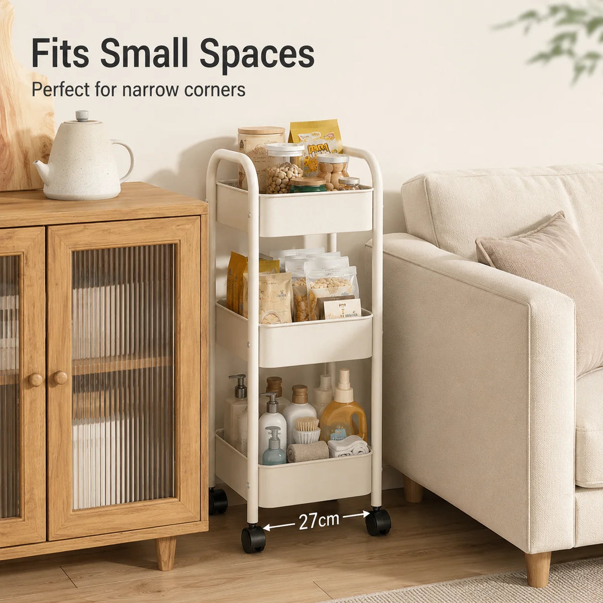3-Tier Slim Rolling Storage Cart, 66 cm High Metal Utility Trolley for Kitchen, Bathroom and Laundry Room