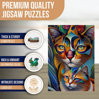 Two Cat Wooden Puzzles Games, Uniquely Irregular Animal Shaped Pieces Jigsaw Puzzles Toy, Creative Gift for Teenagers