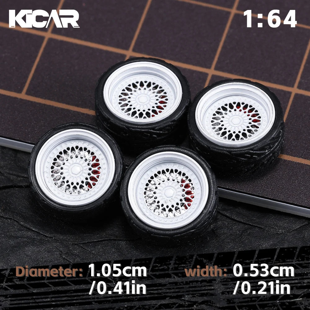 Kicarmod 1/64 10.5mm Alloy Model Wheels with Magnetic Hub Caps-with Rubber Tires for Tomica Custom Diecast Cars