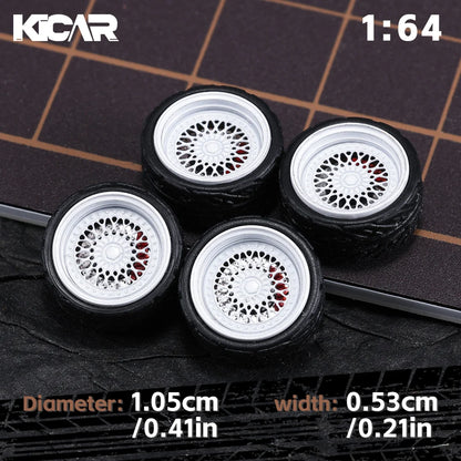 Kicarmod 1/64 10.5mm Alloy Model Wheels with Magnetic Hub Caps-with Rubber Tires for Tomica Custom Diecast Cars
