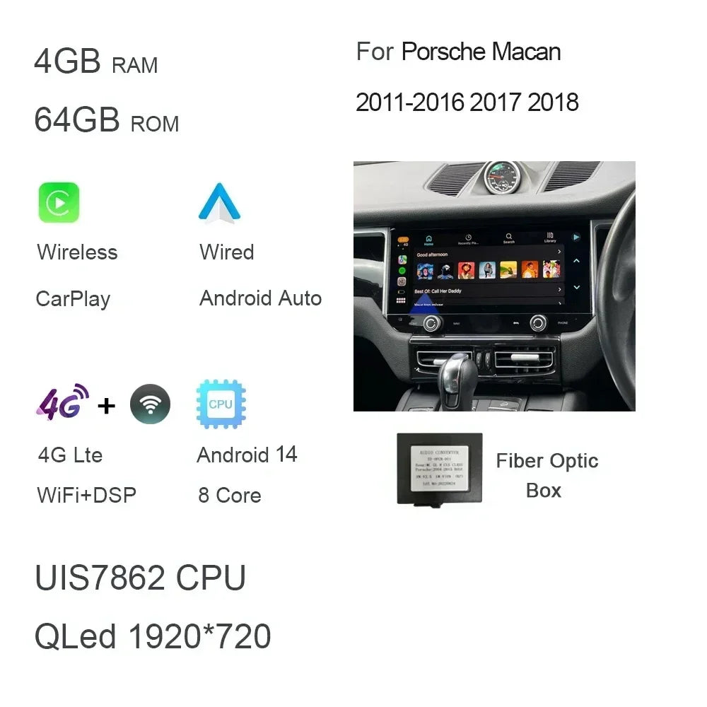 12.3" QLED 1920*720 Carplay Auto Android 13.0 8G+256G Car DVD Player GPS Map WIFI Bluetooth Radio For Porsche Macan 2010-2016