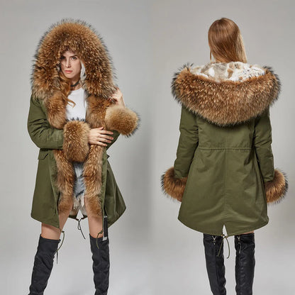 2026 Maomaokong Women's Winter Coats Rabbit Lining Jacket Natural Real Raccoon Fur Collar Parka Fox Fur Long Female Clothing