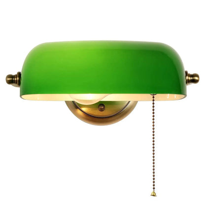 Green Glass Bankers Lamp Shade Adjustable Wall Light with Pull Chain Switch Hard Wired for Bedroom Sconce Fixture