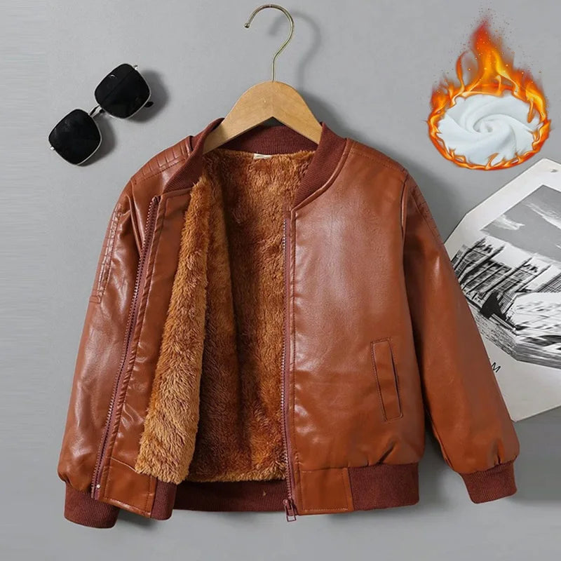 Kids PU Leather Jacket Boys Girls Plus Velvet Thick Warm Coat Autumn Winter Fashion Outerwear Children Casual Clothing 2-14Y