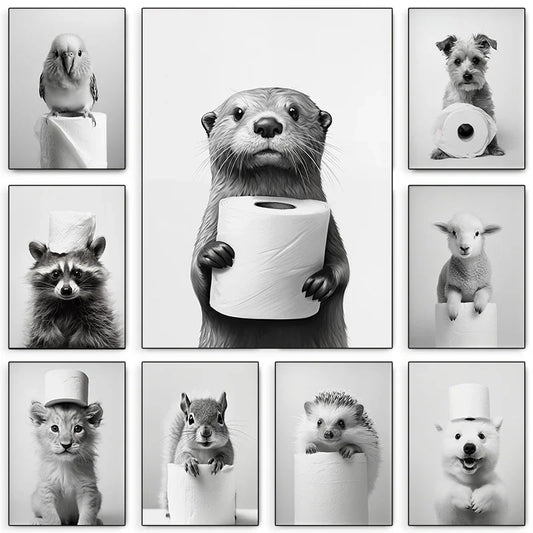 Retro Black White Animal & Toilet Paper Poster Lion Owl Cat Dog Canvas Prints for Living Room Bathroom Living Room & Home Decor