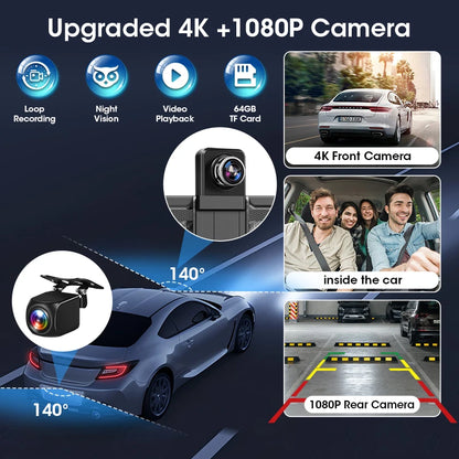 11.3 inch 4K Car DVR Carplay Android Auto Rotatable Lens Dashcam GPS Navigation Dashboard FM AUX Rear Camera Video Recording