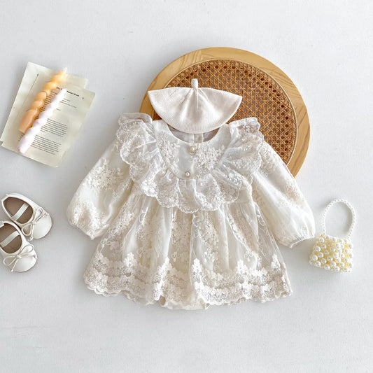 2026 Baby Girl Princess Dress 0-24M Vintage Lace Embroidered Ruffled Collar Romper Dress with Snap Closure Formal Party Dress