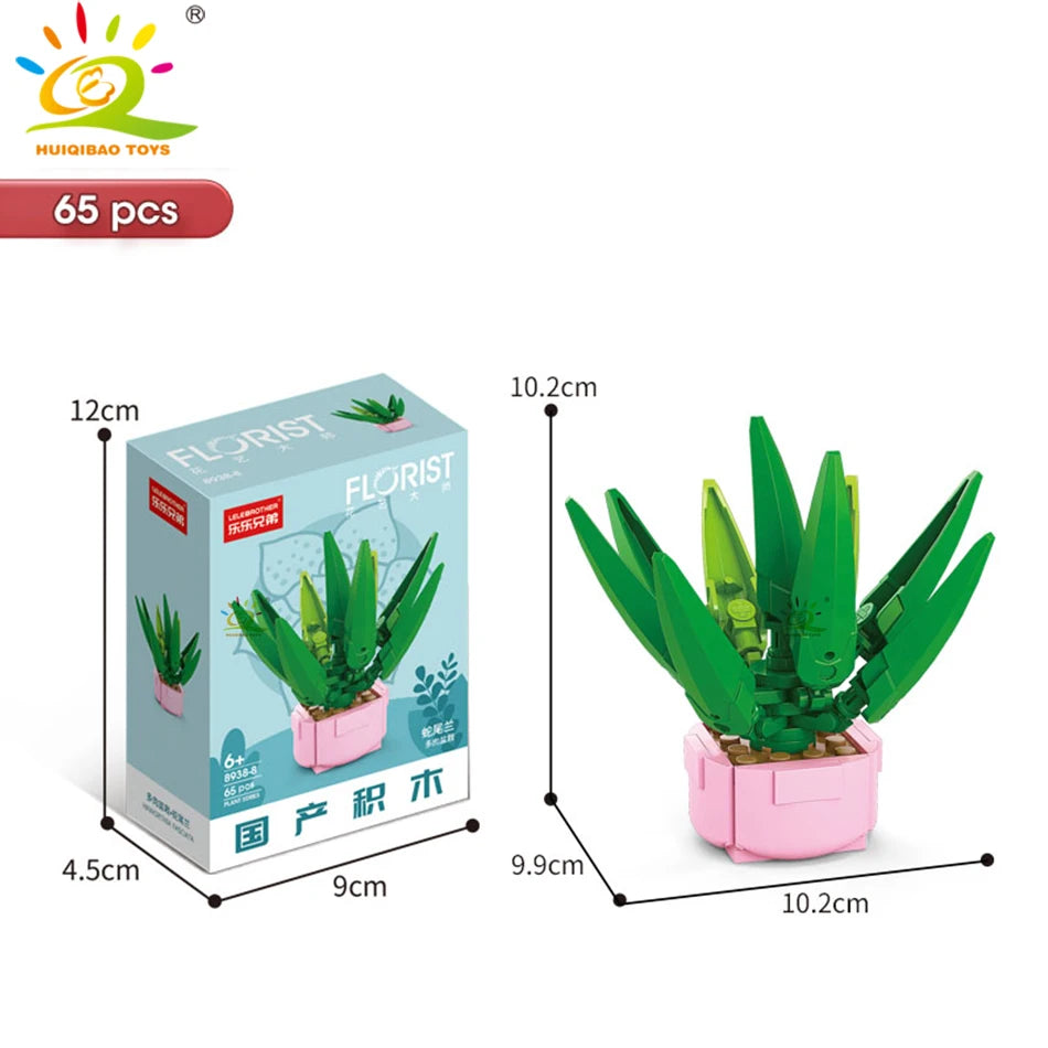 HUIQIBAO MOC Flower Succulent Potted Model Building Block DIY Eternal Bouquet Home Desk Plant Decor Brick Girl Gift Children Toy
