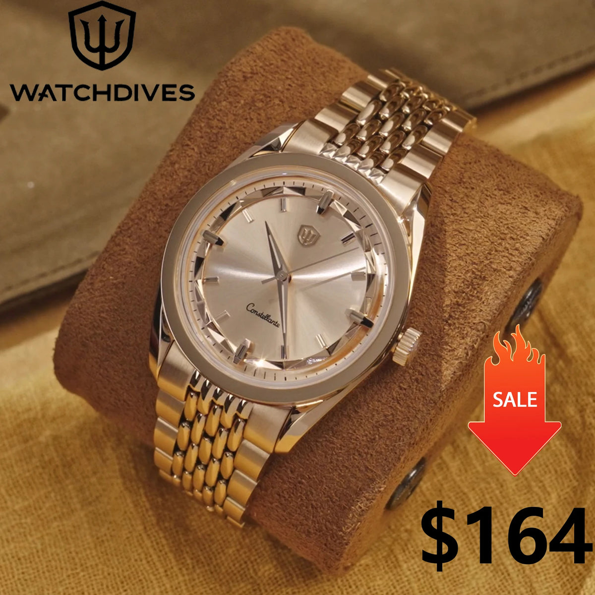 Watchdives WD1954 Rose Gold Watch VH31/VH60 Sweep Second Movement Top Hat Sapphire Crystal Luminous 100m Waterproof Watches
