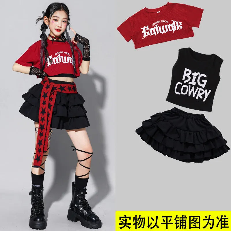 Girls K-pop Fashion Crop Top Bud Skirts Children Hip Hop Street Dance Costume Kids Streetwear Girl Group Jazz Summer Clothes Set