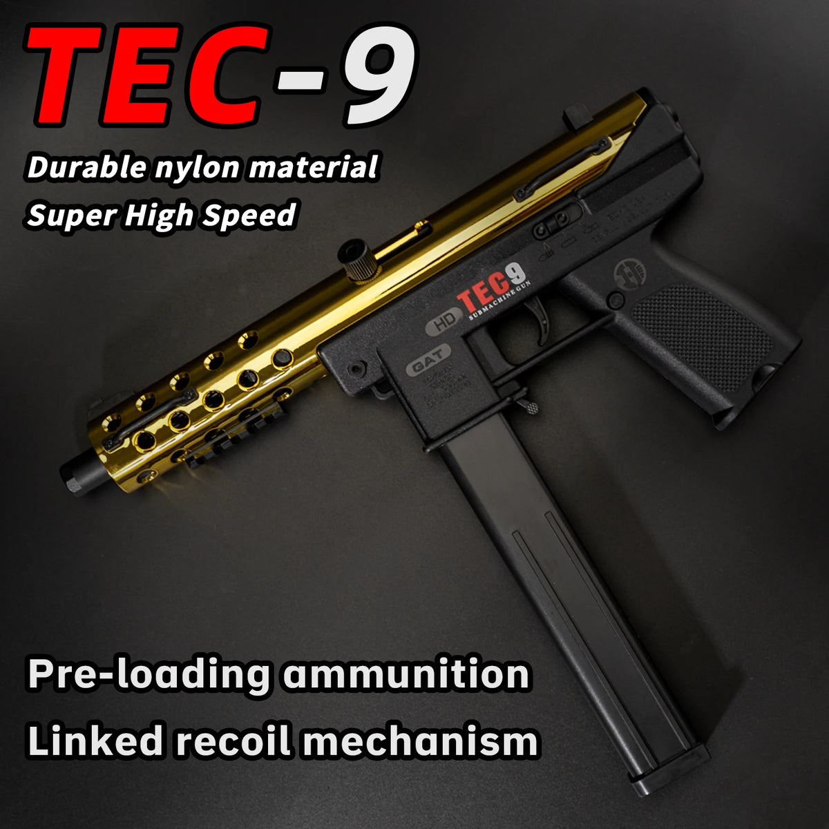 High-performance TEC-9 Gel Ball Toy Gun Orbeez Launcher, Modular Battery, Electric Pre-loading Magazine, No Bullets