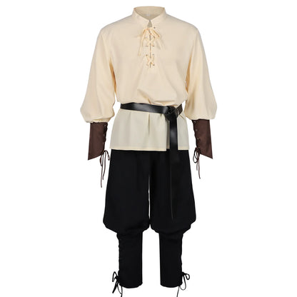 Men's Medieval Pirate Costume Renaissance LARP Shirt with Belt, Retro Gothic Lace-up Top & Pants Set for Halloween Cosplay