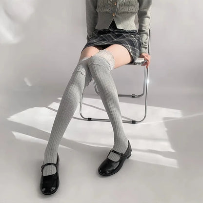 Women's Lace Trim Over the Knee Socks Lolita Ruffle Top Thigh High Stockings Japanese Style Knit Long Socks Casual Slouch Socks