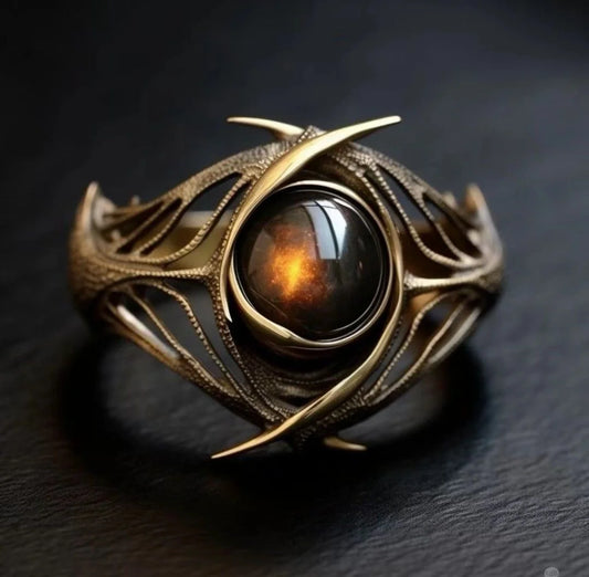 Retro Distressed Round Artificial Gemstone Ring Made of Copper, Women's Jewelry Ring Suitable for Formal Occasions