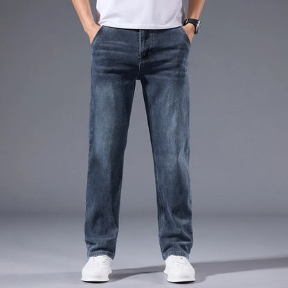 Men's Winter Fleece Thicken Lightweight Business Straight Leg Jeans Solid Color Versatile Slight Elastic Long Pants