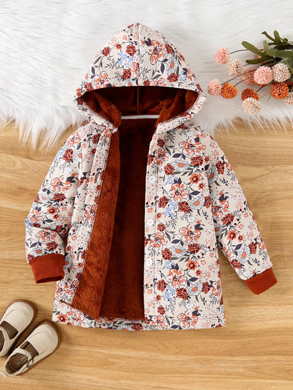 Autumn/Winter New Women's Children's Fashion Full Print Flower Print Fleece Lined Thickened Hooded Jacket For Daily Casual Wear