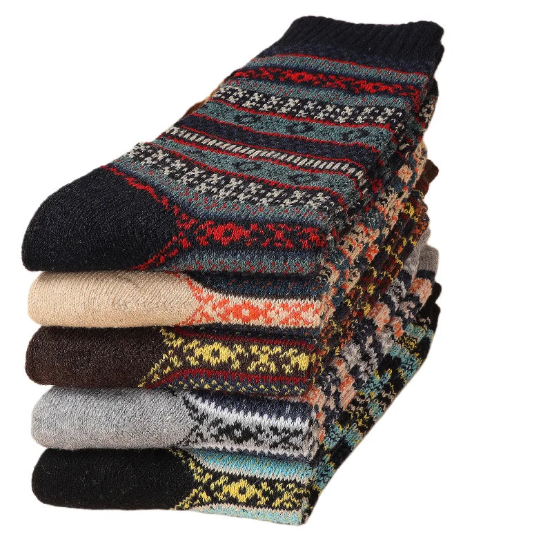 5pairs Unisex Ethnic Style Vintage Thick Wool Warm Crew Men Socks Soft Ultra-Comfortable High Quality Breathable Women's Sock