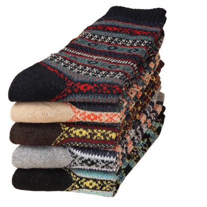 5pairs Unisex Ethnic Style Vintage Thick Wool Warm Crew Men Socks Soft Ultra-Comfortable High Quality Breathable Women's Sock