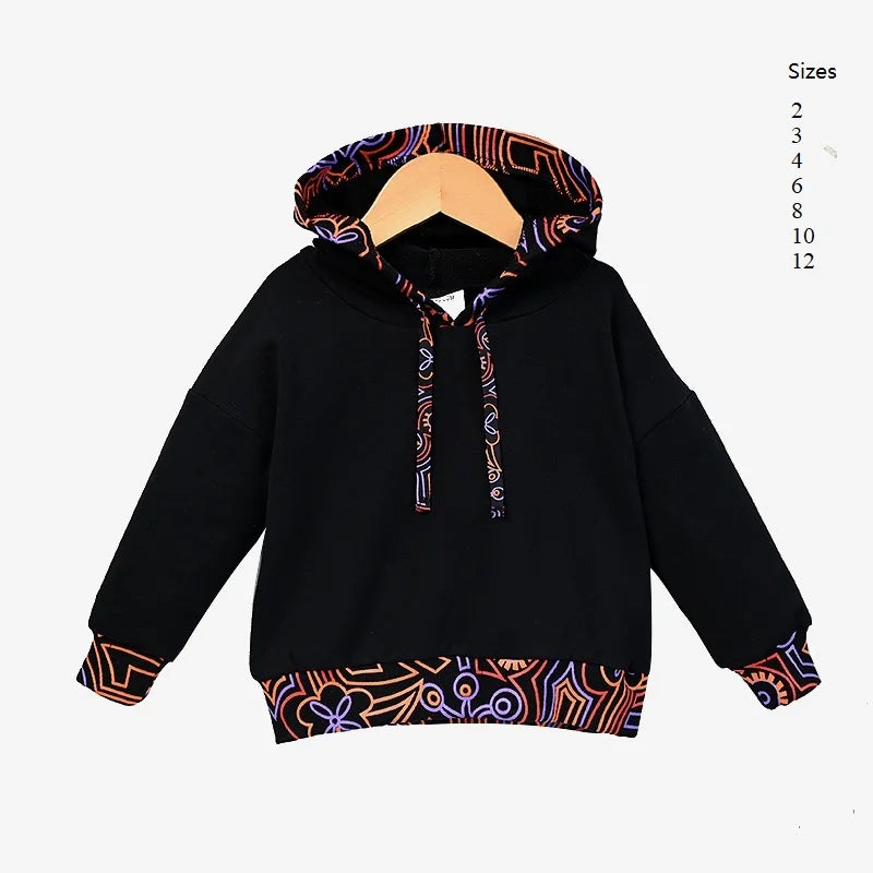 Family Hooded Set Black Cotton French Terry Girl Dress Hooded Shirt Top Baby Romper for Autumn Black with Colorful Trims