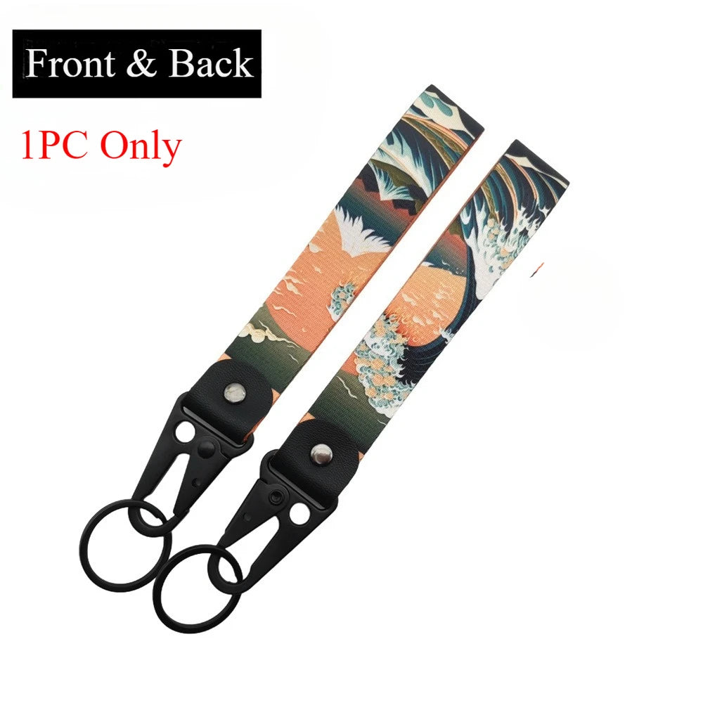 JDM Style Ukiyo-e Crane Keychain Racing Modified Nylon Motorcycle Keyring Auto Key Holder Accessories