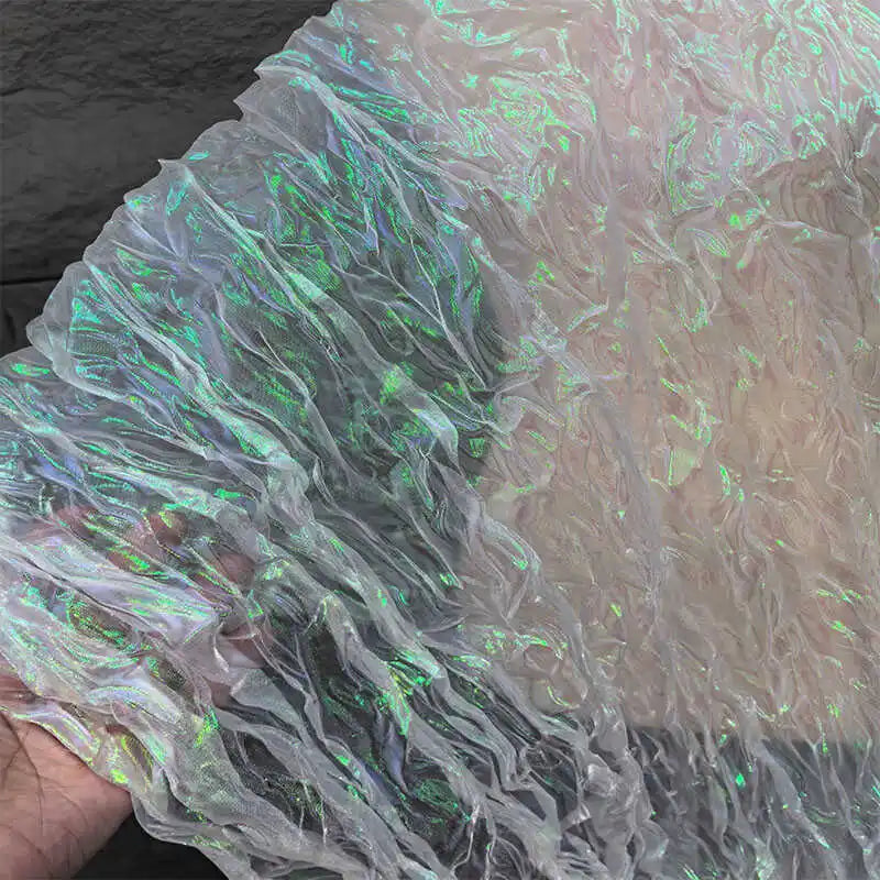 Wave Wrinkled Organza Fabric Gradient By The Meter for Decorative DIY Clothing Designer Sewing Laser Mermaid Texture Cloth White