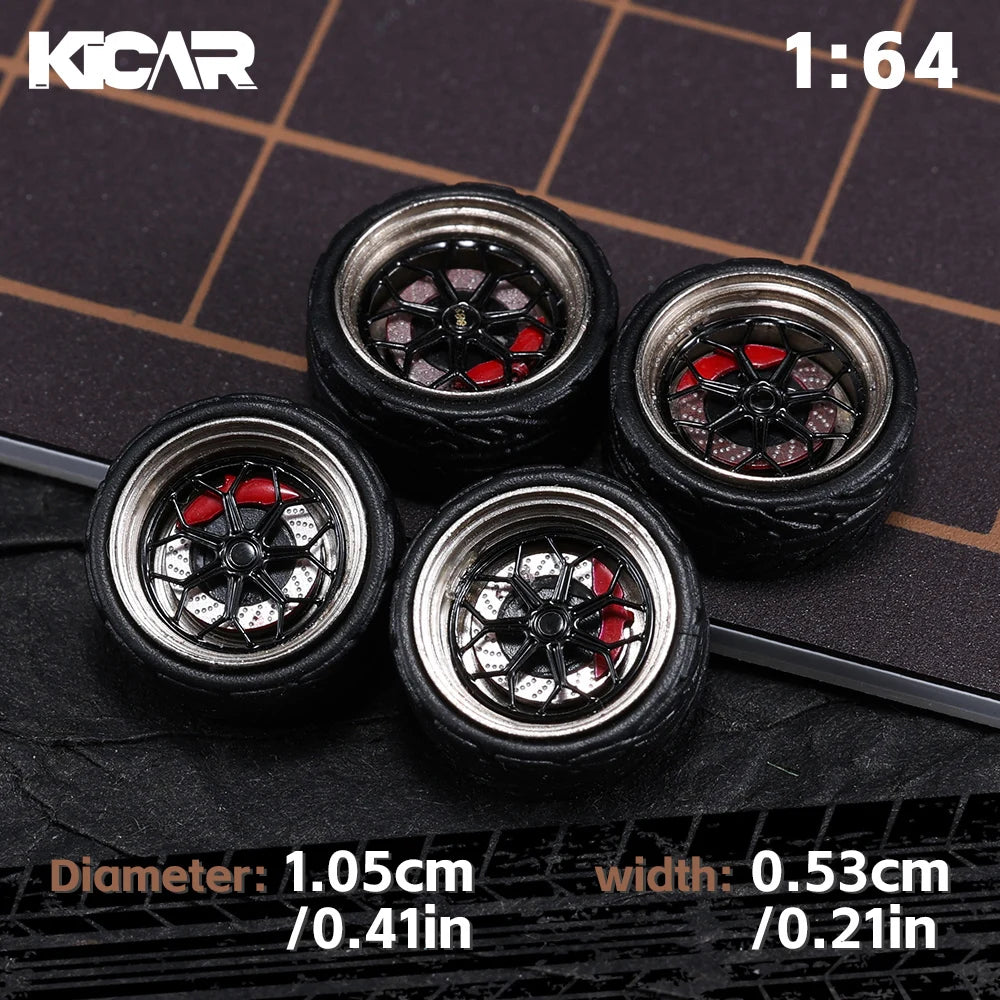 Kicarmod 1/64 10.5mm Alloy Model Wheels with Magnetic Hub Caps-with Rubber Tires for Tomica Custom Diecast Cars