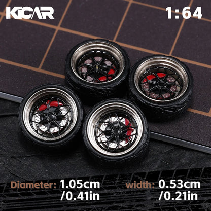 Kicarmod 1/64 10.5mm Alloy Model Wheels with Magnetic Hub Caps-with Rubber Tires for Tomica Custom Diecast Cars