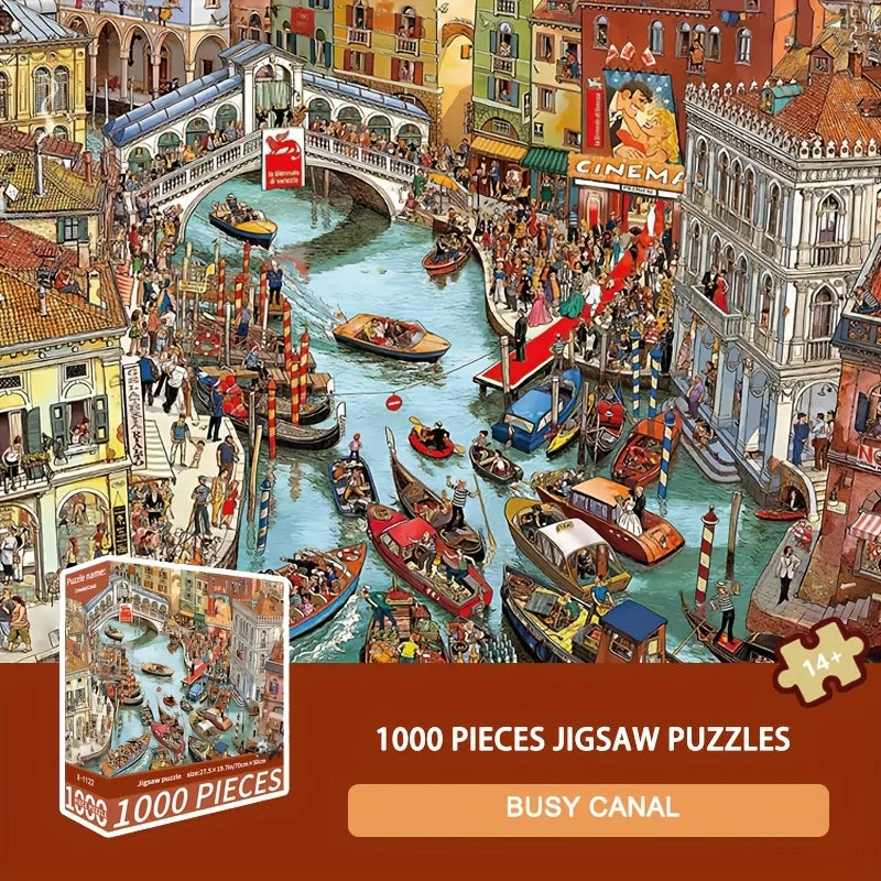 1000pcs Relaxing Adult Jigsaw Puzzle Cartoon Busy Canal Challenging 1000pieces Puzzle 70x50cm Perfect Gift Ideal for Adults