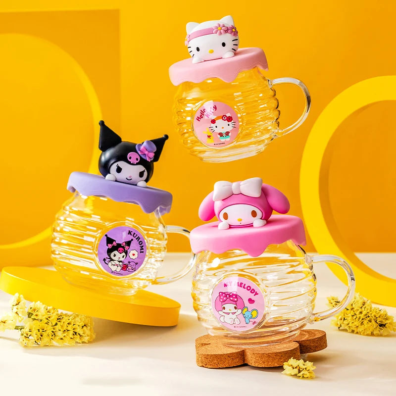 For Sanrio Kawaii Glass Cups for Kuromi& Hello Kitty& Cinnamoroll Anime Juice Mug with Silicone Lid Home Chilled Soda Water Cup