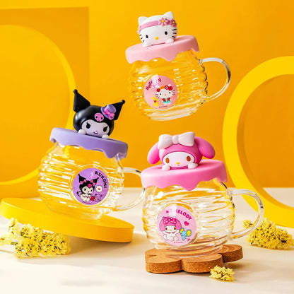 For Sanrio Kawaii Glass Cups for Kuromi& Hello Kitty& Cinnamoroll Anime Juice Mug with Silicone Lid Home Chilled Soda Water Cup