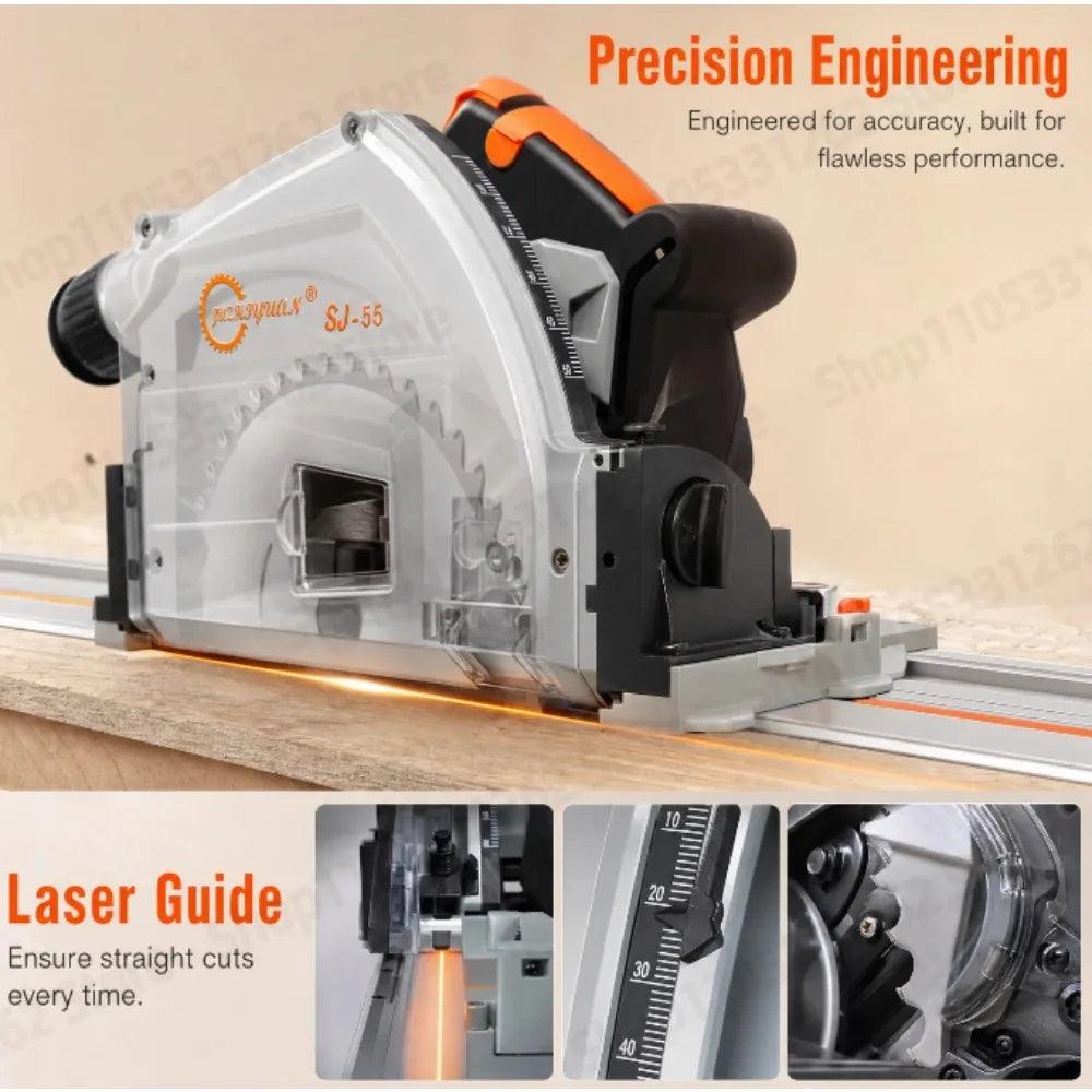 110V SJ-55 Brushless Track Saw 2KW 55mm Depth 6470RPM 6-Speed Plunge Saw for Wood Aluminum Plastic Dust Free with Quick Safety