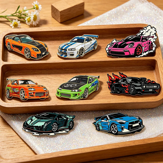 4/8pcs Fast & Furious Style Racing Car Enamel Pins Set Sports Car Lapel Pins Classic Movie Vehicle Brooches for Backpack