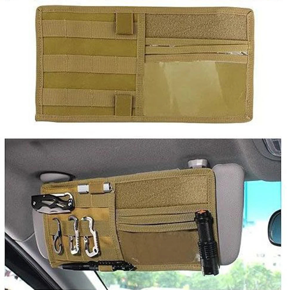 Tactical Car Sun Visor Organizer, Molle Webbing Storage Pouch, Multi-Pocket Auto Interior Holder for Cards Pens Tools