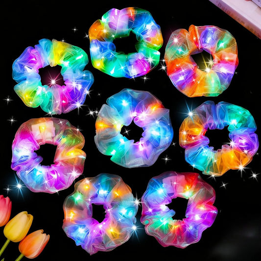 10pcs LED Scrunchies Light Up Organza Hair Scrunchy Elastic Hair Ties for Women Girl Glow in The Dark Party Supplies Neon Outfit