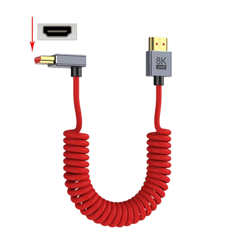 90 Degree HDMI‑Compatible Cable Coiled Spring Braided 8K 60Hz 4K 120Hz 48Gbps Male‑to‑Male Stretch Wire for Camera Field Monitor