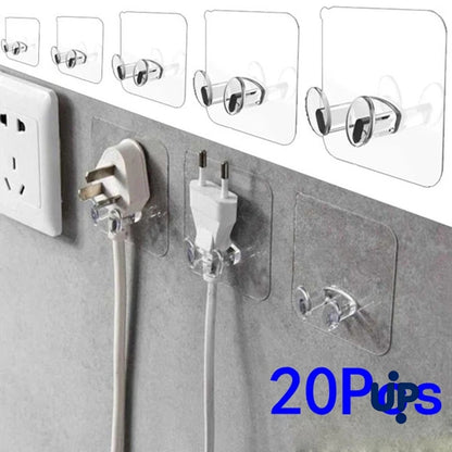 20PCS Hook Power Plug Bracket Tidy Hanging Rack PVC Wall Hook Strong Adhesion Seamless Transparent Waterproof Kitchen Bathroo