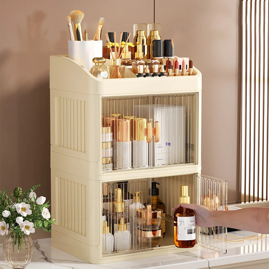 3 to 4-Tier Foldable Makeup Organizer with Drawer Function— Provides Spacious Storage for Cosmetics, Jewelry, Perfume, Lipstick, Makeup Brushes, Stationery, and Bathroom Supplies— Easy to Assemble, Compact Design Suitable