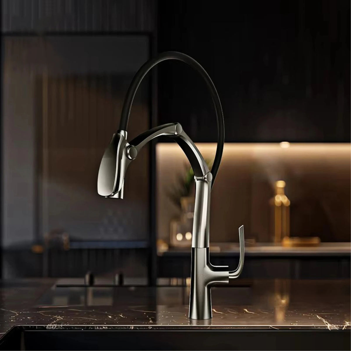 AITANA Gun Grey Luxury Brass LED Display Kitchen Faucet，Touchless Sensor，Pull-Out 3-Function Spray Water-Saving SinK Mixer