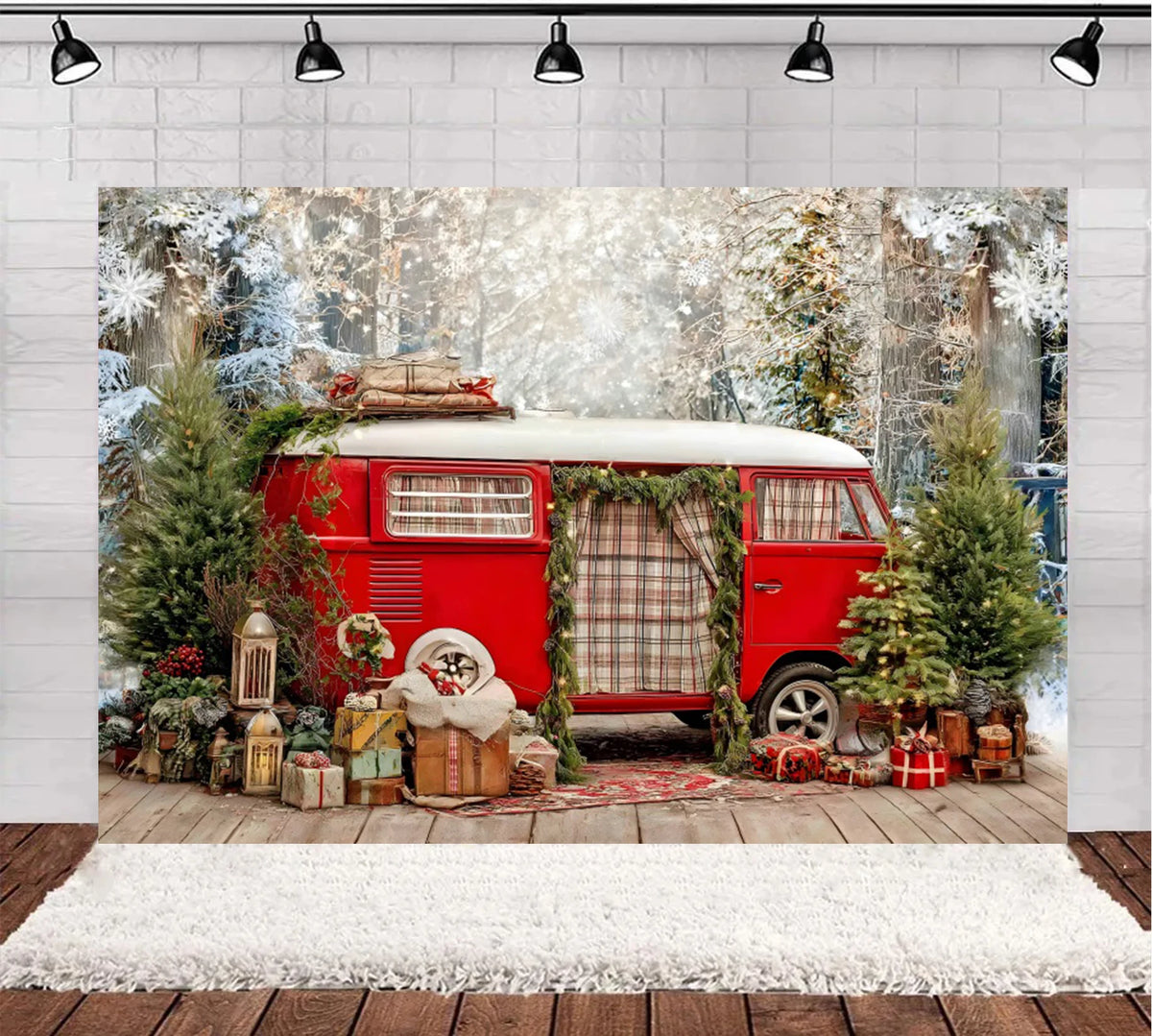 Christmas Photography Background Winter Snowy Pine Trees Mini Bus Camper Backdrop Xmas Gift Kids Winter Outdoor Photocall